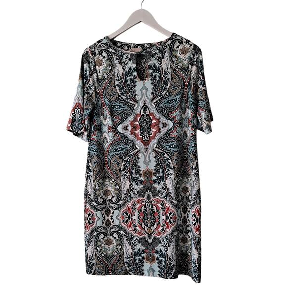 Chico's White Green Multi Keyhole Neckline Paisley Print Knit Jersey Dress -Sz 8 - Picture 1 of 7